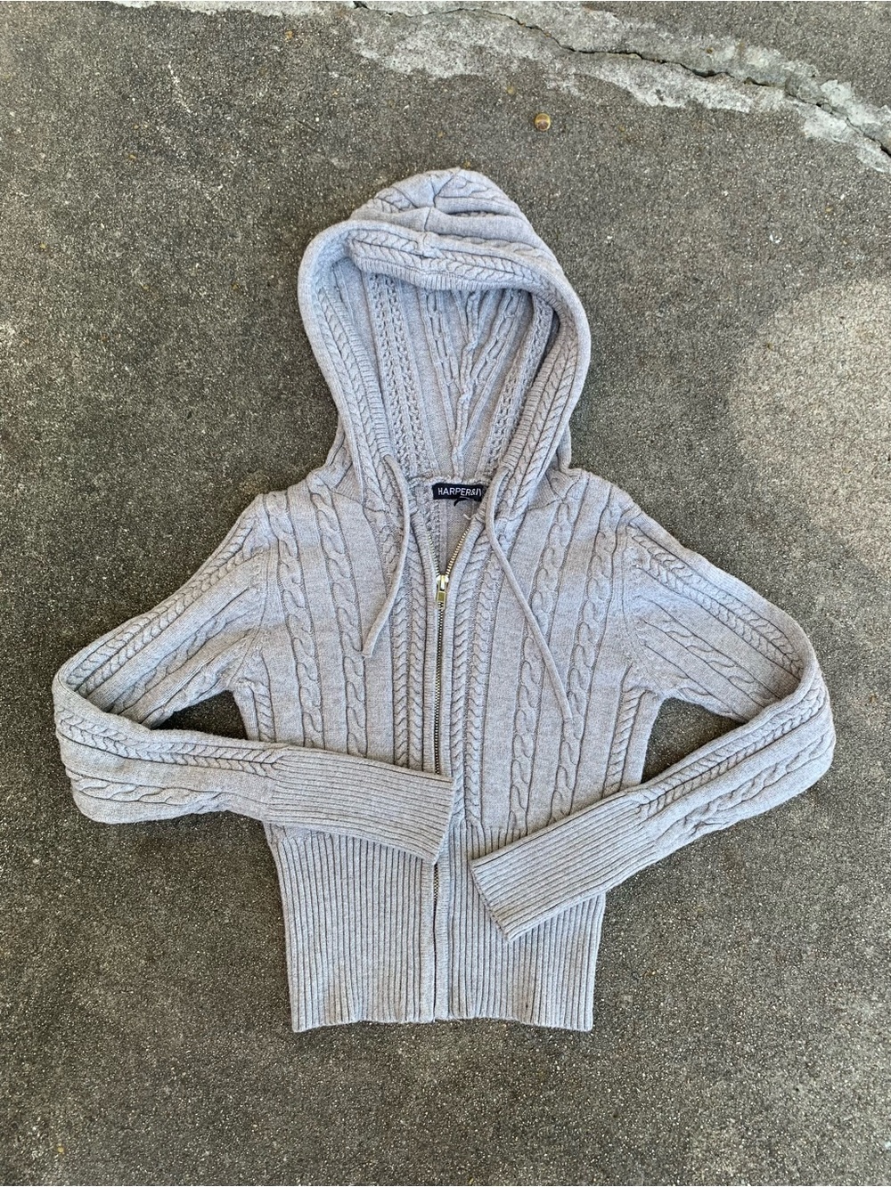 Harper&Ivy Light Gray Cable-Knit Hooded Zip Cardigan